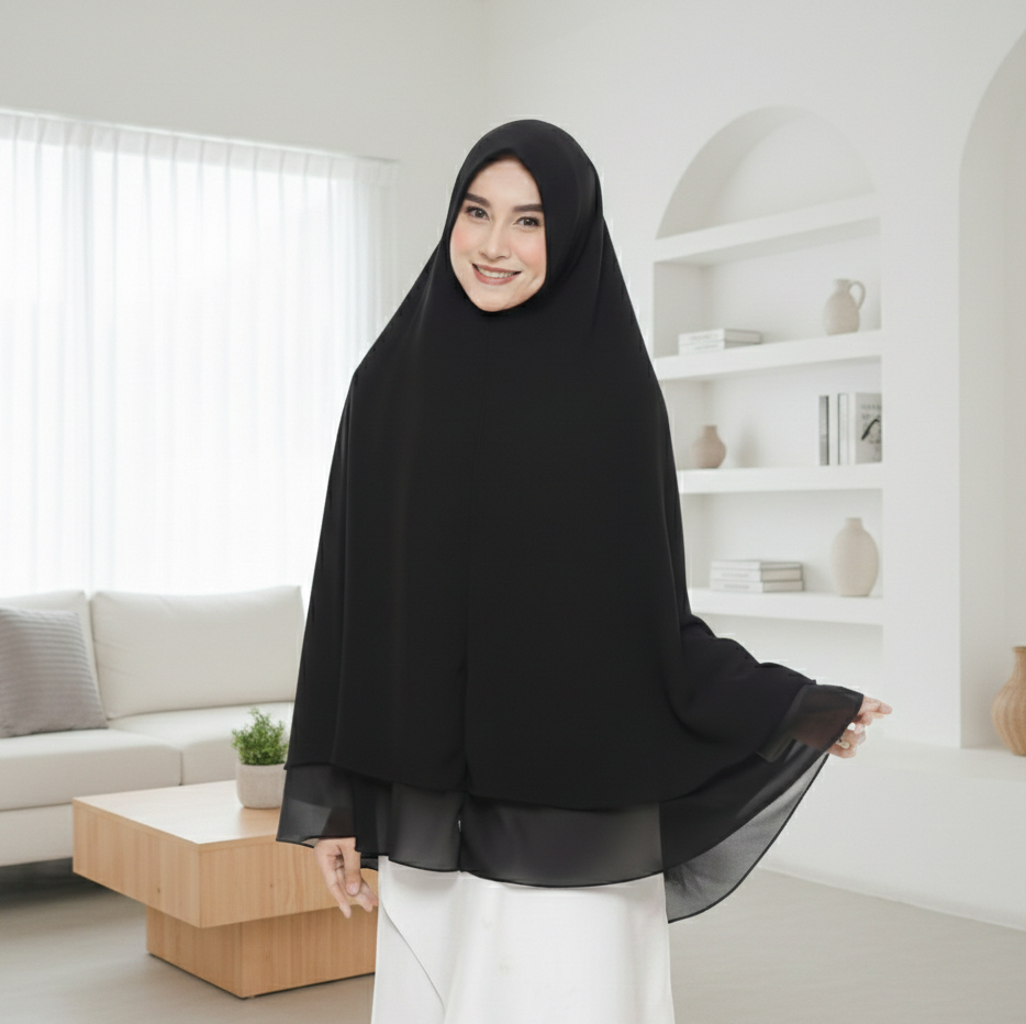 hijab syari warna hitam ceruti dua layer