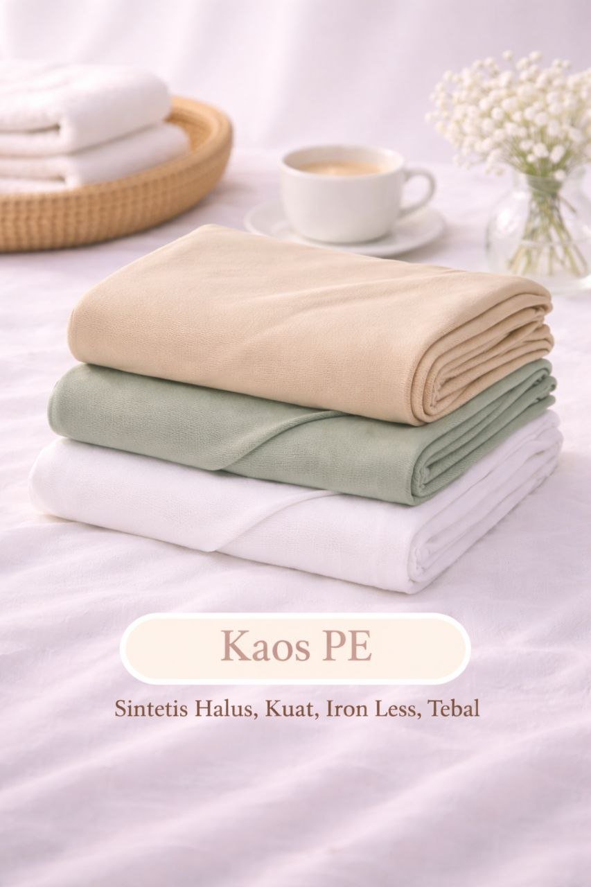 kaos PE Bahan sintetis halus, kuat, dan iron less. Tahan lama dan nyaman digunakan.