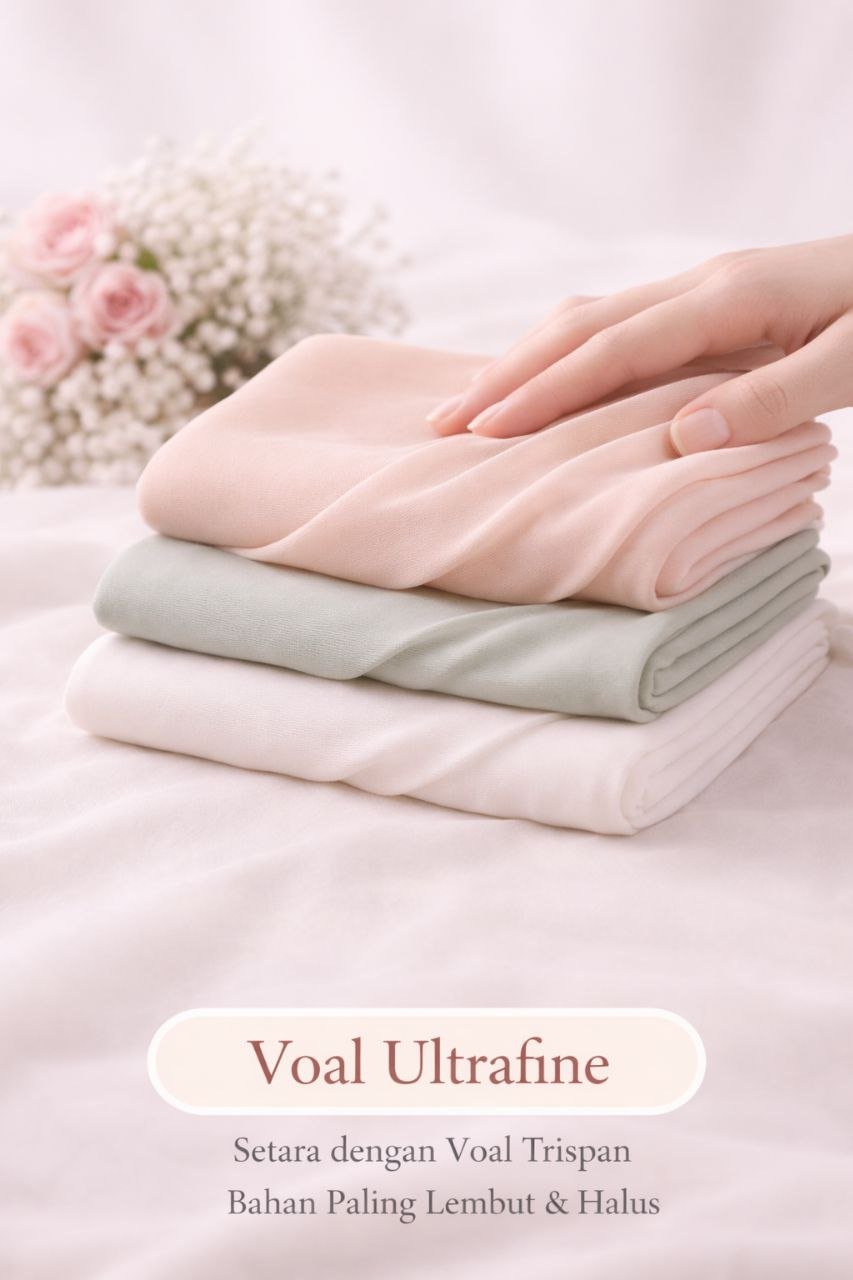 Voal premium serupa Trispan, ringan, adem, lembut, flowy, dan tidak menerawang.
